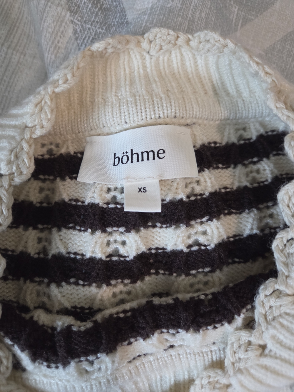 bohme Cream and Brown Striped Crochet-Trim Crewneck Sweater - Picture 3 of 3